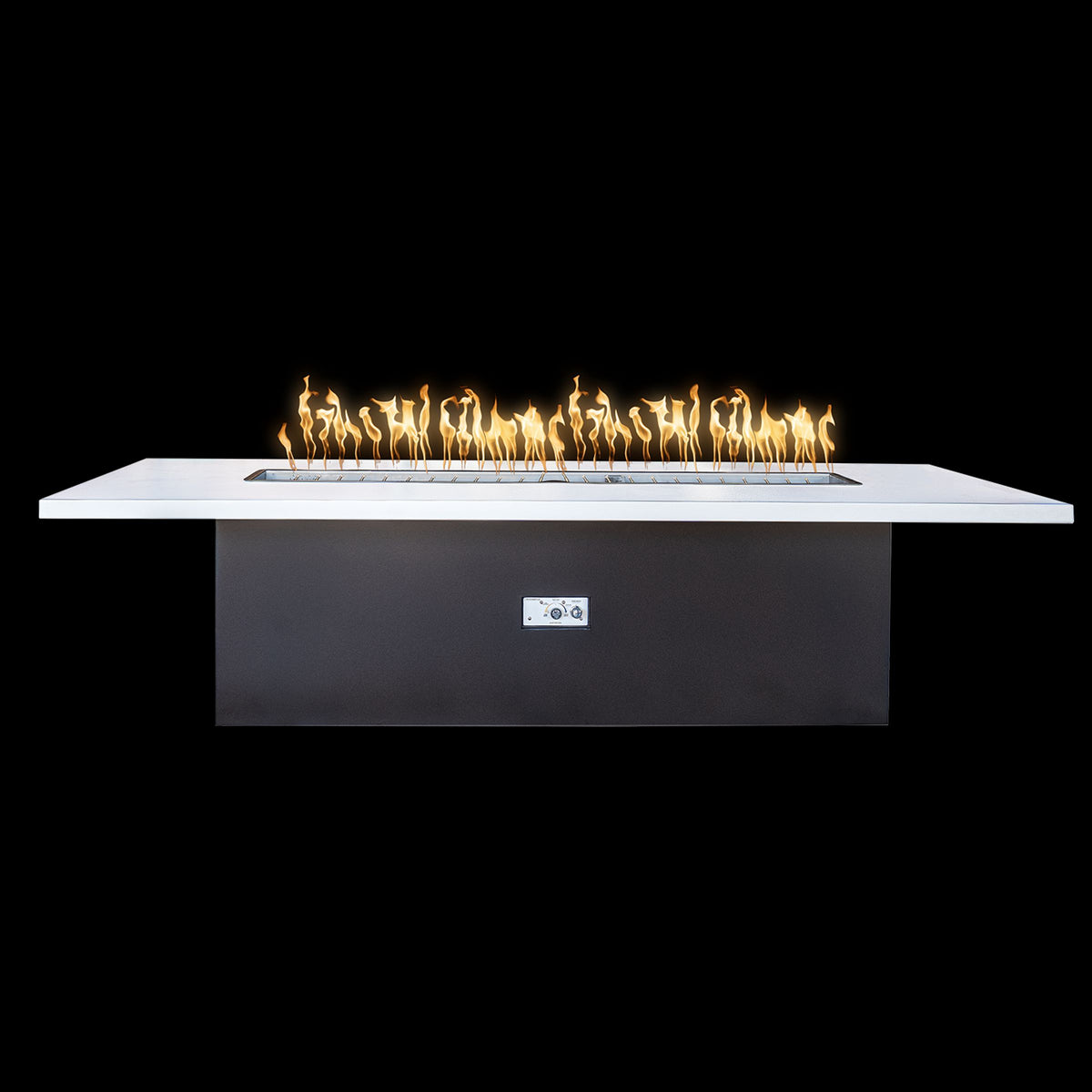 The Outdoor Plus Newport powder-coated fire table with white top and black base