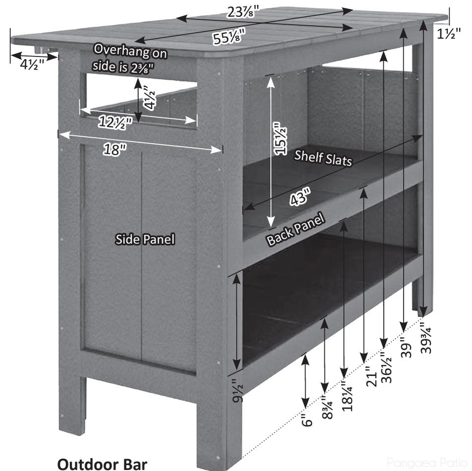 Gray outdoor bar with detailed measurements on a white background