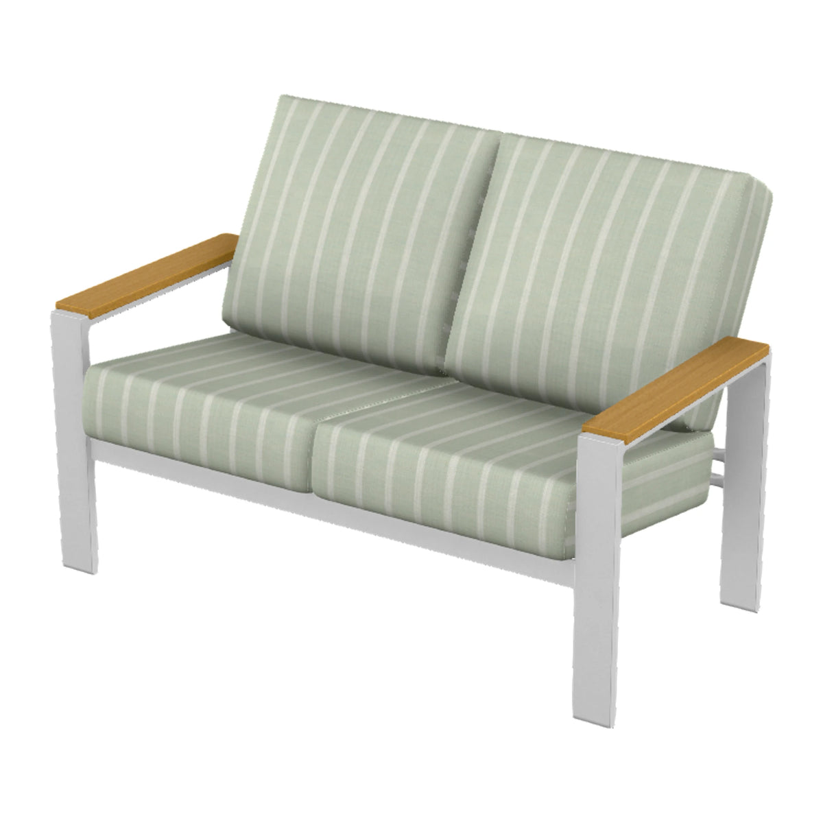 Larssen Cushion Loveseat w/ Arm Accents — White Txt PC / Teak Accents