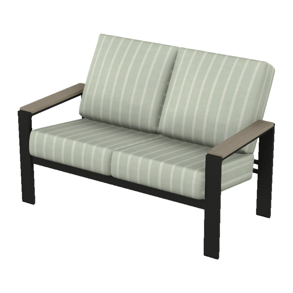 Larssen Cushion Loveseat w/ Arm Accents — Black PC / Weathered Wood Accent