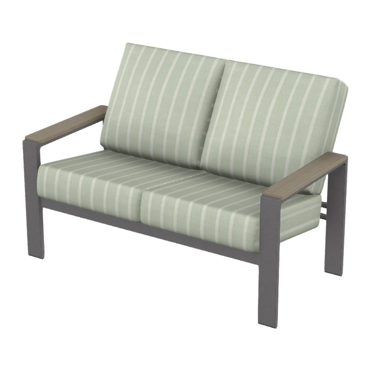 Larssen Cushion Loveseat w/ Arm Accents — Graphite Txt PC / Weathered Wood Accent