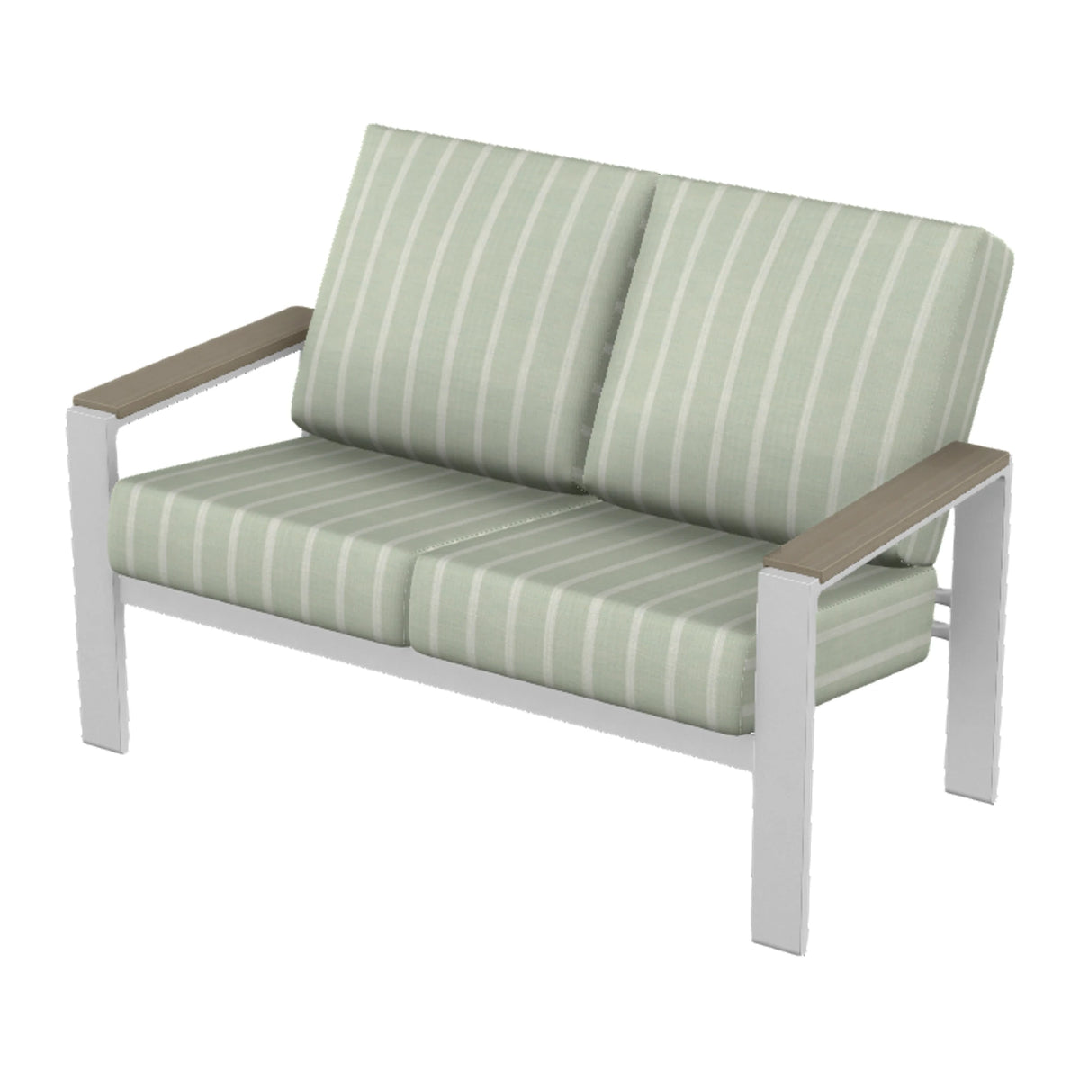Larssen Cushion Loveseat w/ Arm Accents — White Txt PC / Weathered Wood Accent