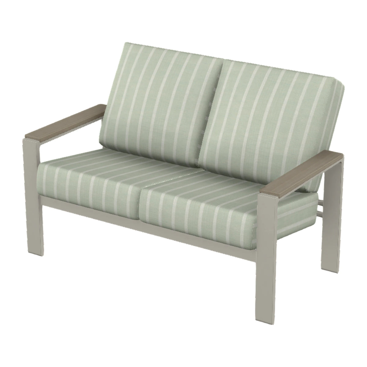 Larssen Cushion Loveseat w/ Arm Accents — Warm Grey PC / Weathered Wood Accent