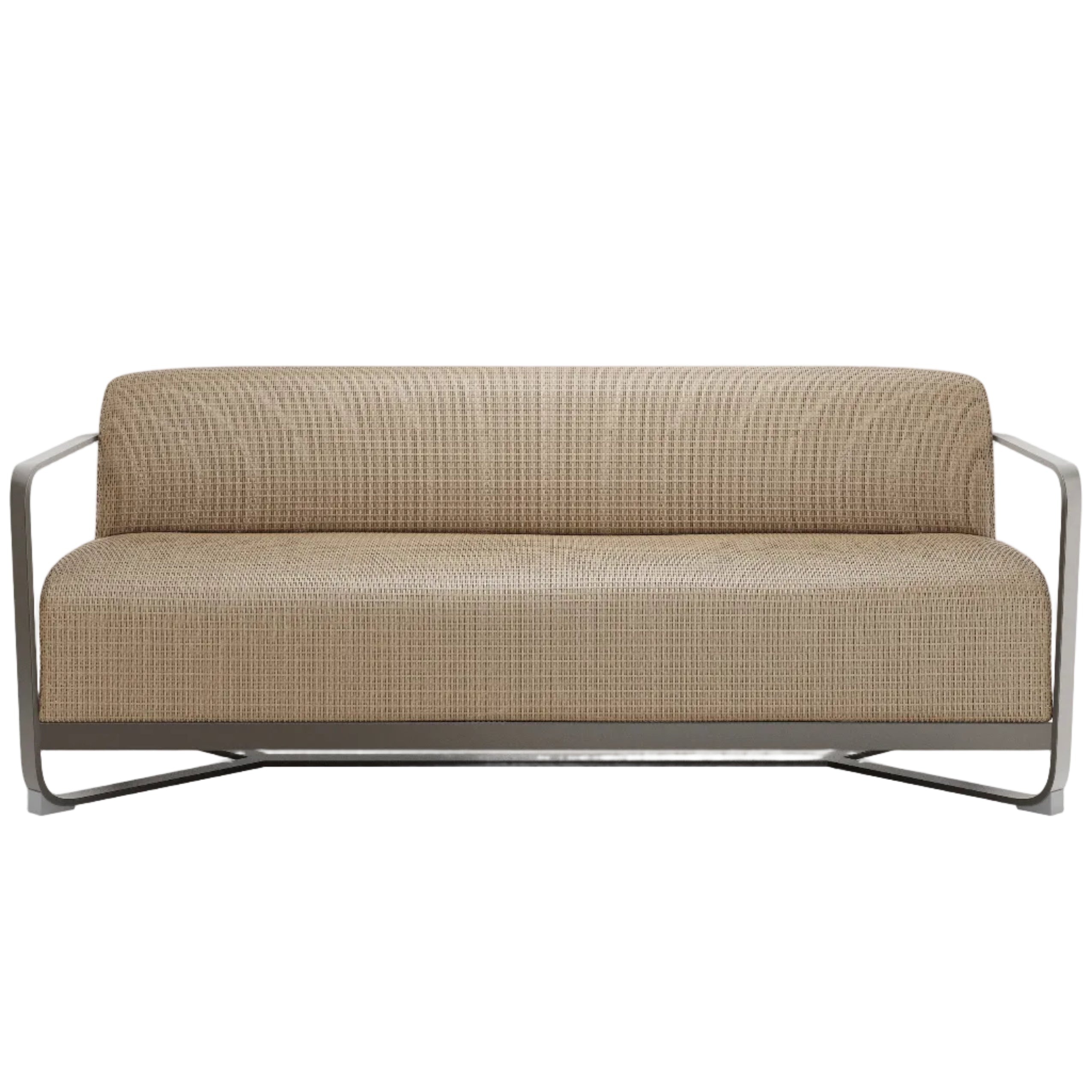 Beige sofa with metal frame on a white background