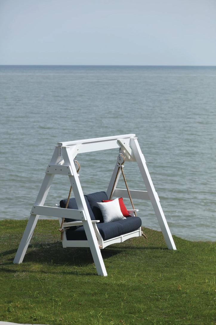 Swing set with cushions on a grassy area by a body of water