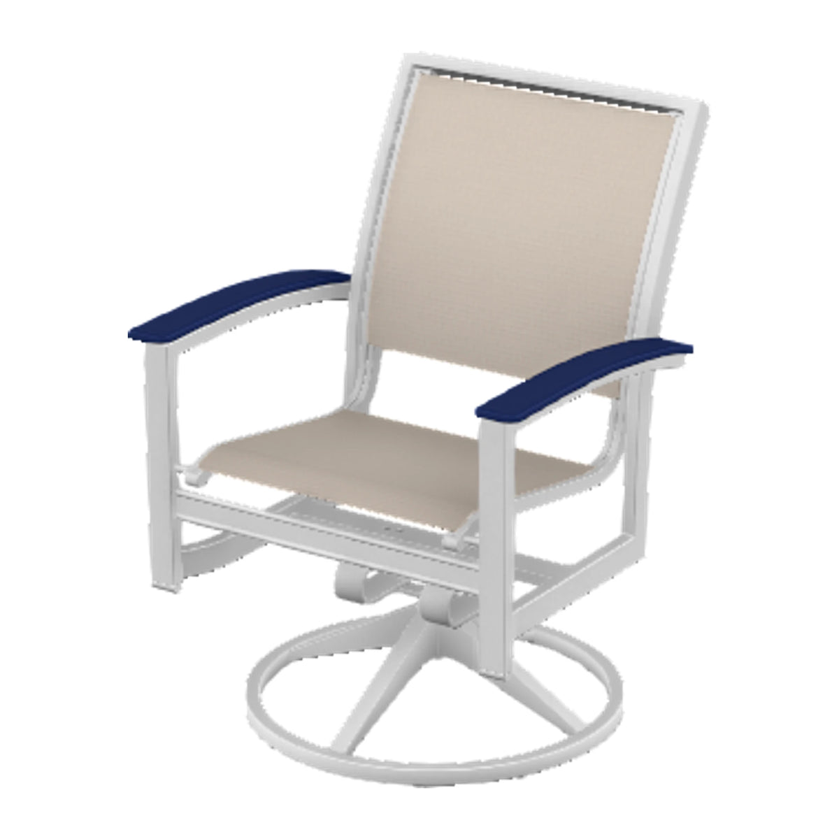 Bazza Sling Swivel Rocker Dining Chair — White Txt PC / Navy Accents