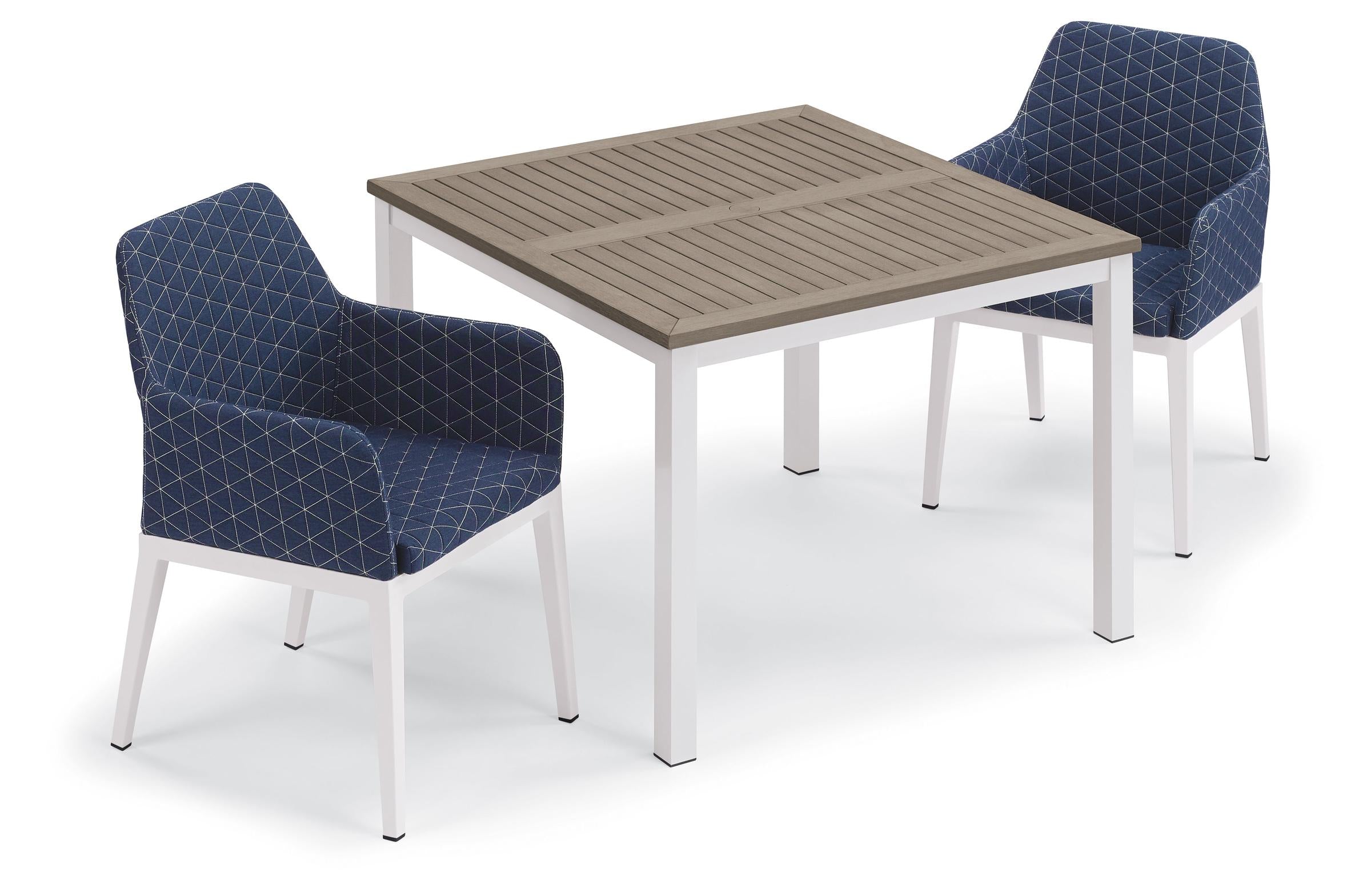 Oland 3-Piece 39" Square Dining Table And Armchairs - Chalk Frame - Vintage Tekwood - Spectrum Indigo Quilted Upholstery & Cushion