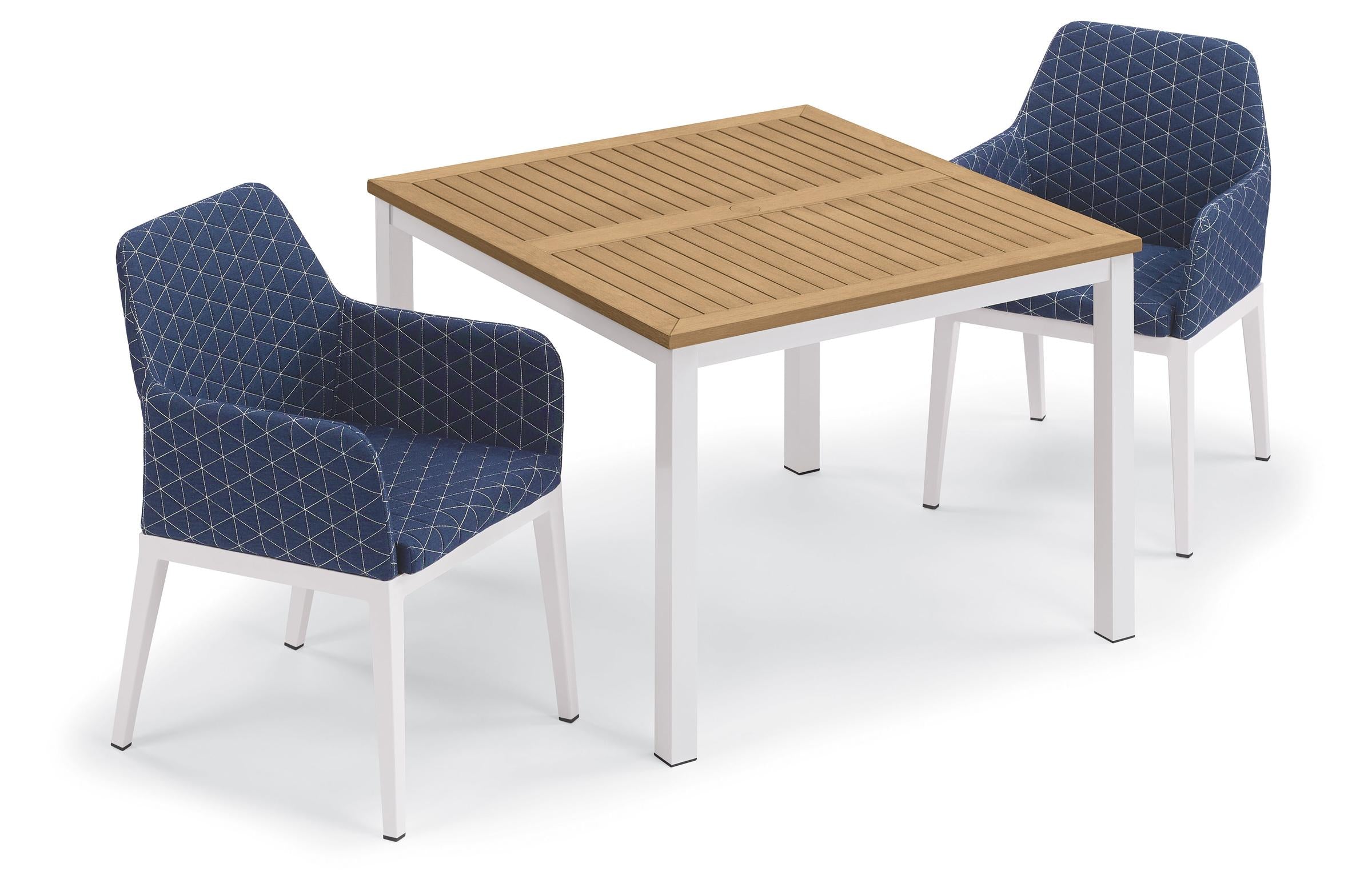 Oland 3-Piece 39" Square Dining Table And Armchairs - Chalk Frame - Natural Tekwood - Spectrum Indigo Quilted Upholstery & Cushion