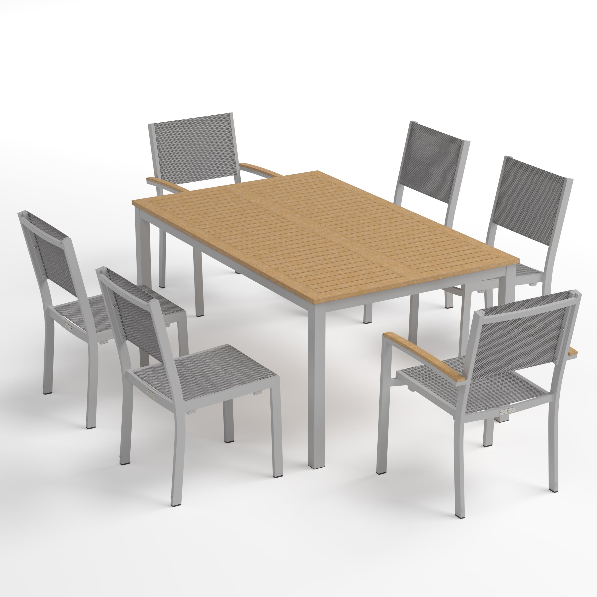 Travira 7-Piece 63" Rectangular Dining Table, Armchairs And Side Chairs Set - Natural Tekwood Top - Flint - Titanium Sling