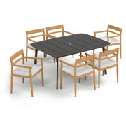 Lido 7-Piece 63" Rectangluar Dining Table & Armchairs Set - Teak -  Bliss Linen Cushions