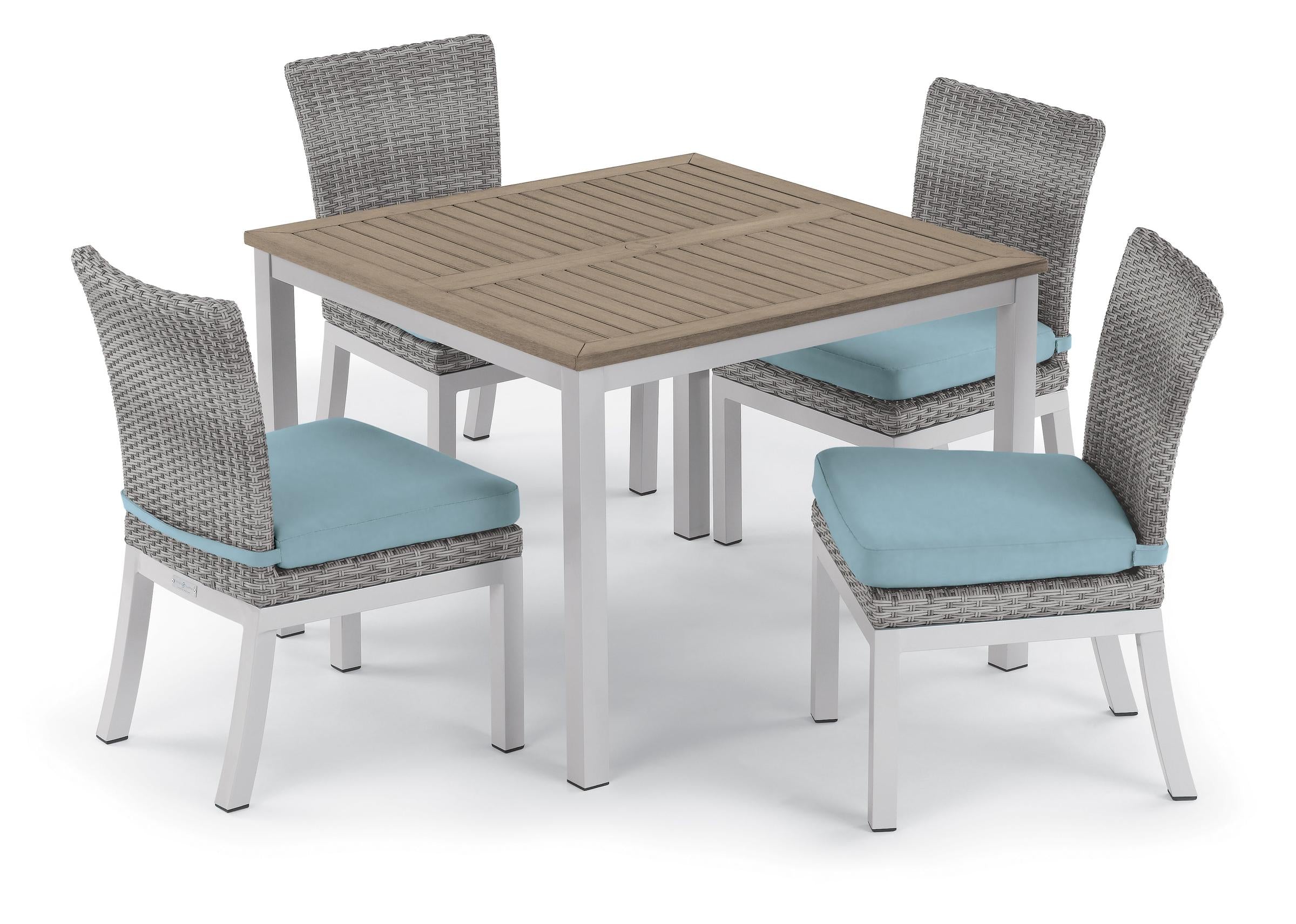 Travira 5-Piece 39" Dining Table & Side Chair Set - Powder Coated Aluminum - Tekwood Vintage - Resin Wicker - Ice Blue Cushions