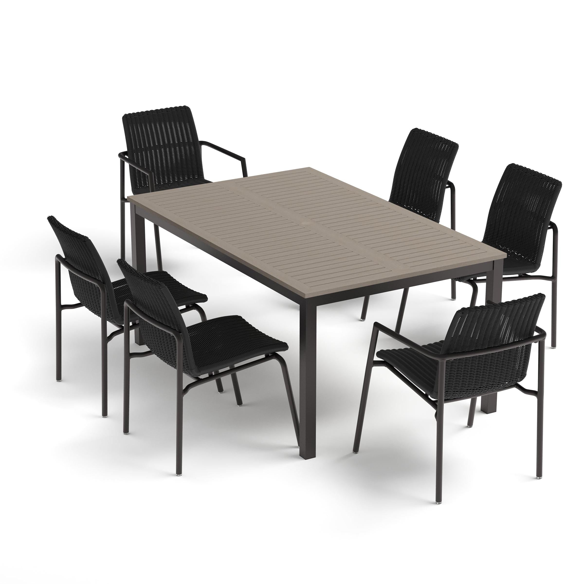 Orso 7-Piece 63" Rectangular Dining Table, Armchairs & Side Chairs Set - Vintage Tekwood Top - Carbon - Shadow Resin Wicker