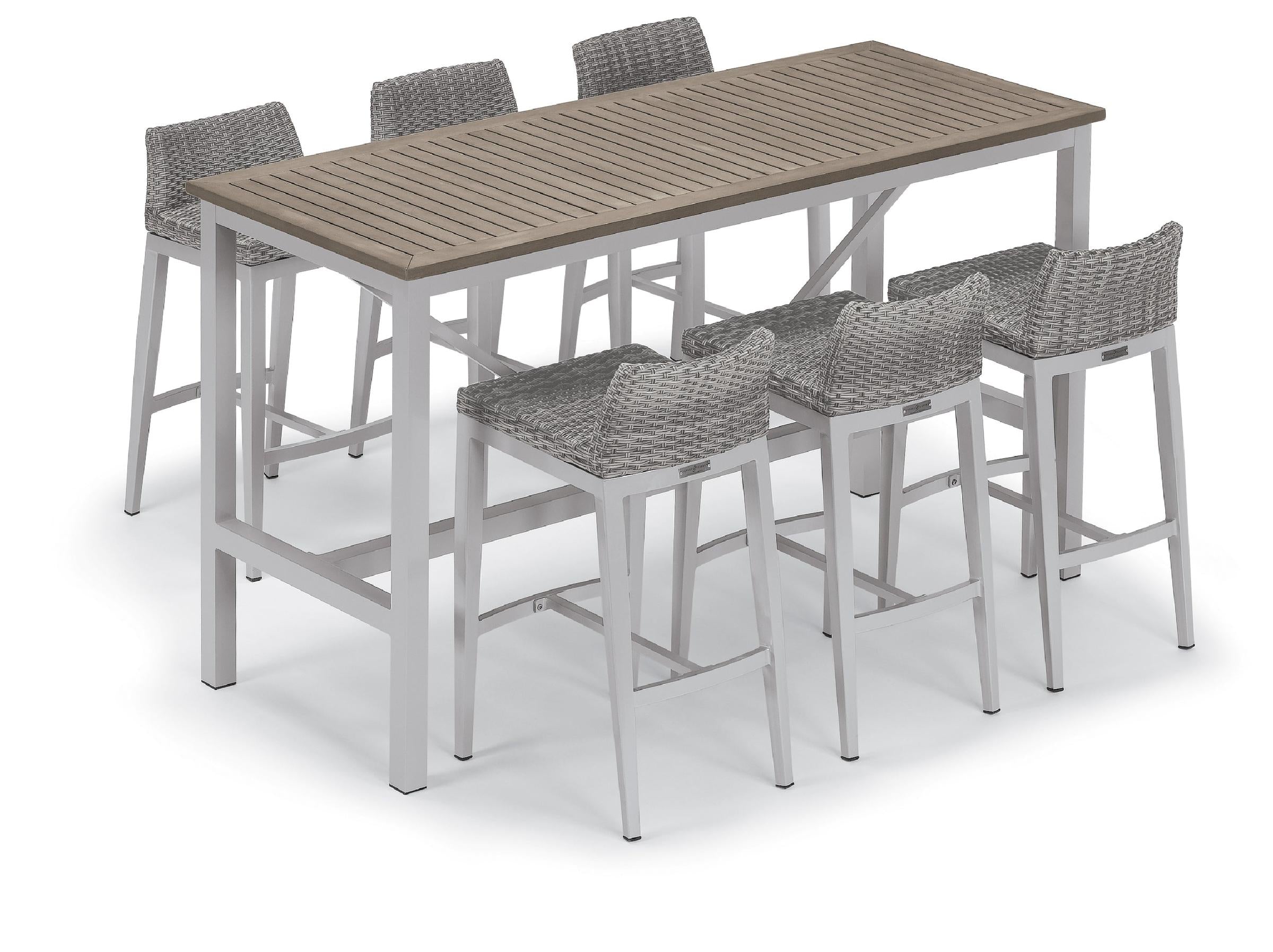 Travira 7-Piece 72"X30" Bar Table & Bar Stool Set - Powder Coated Aluminum Frame - Tekwood Vintage - Resin Wicker Argento 