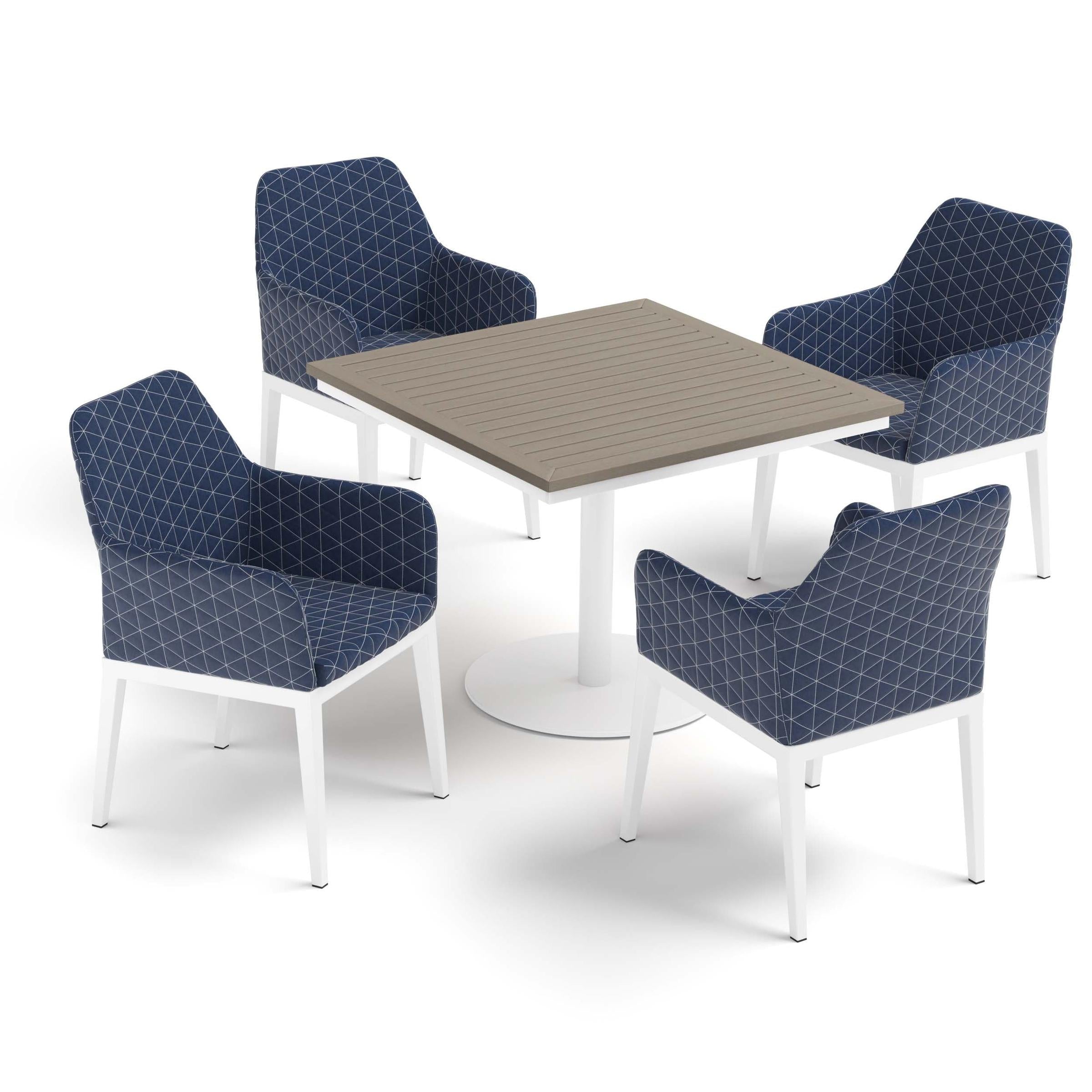 Oland 5-Piece 36" Square Dining Table & Armchairs Set - Vintage Tekwood Top - Chalk - Spectrum Indigo Quilted Upholstery & Cushion