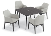 Oland 5-Piece 45" Square Dining Table And Armchairs - Carbon Frame - Canvas Granite Quilted Upholstery & Cushion