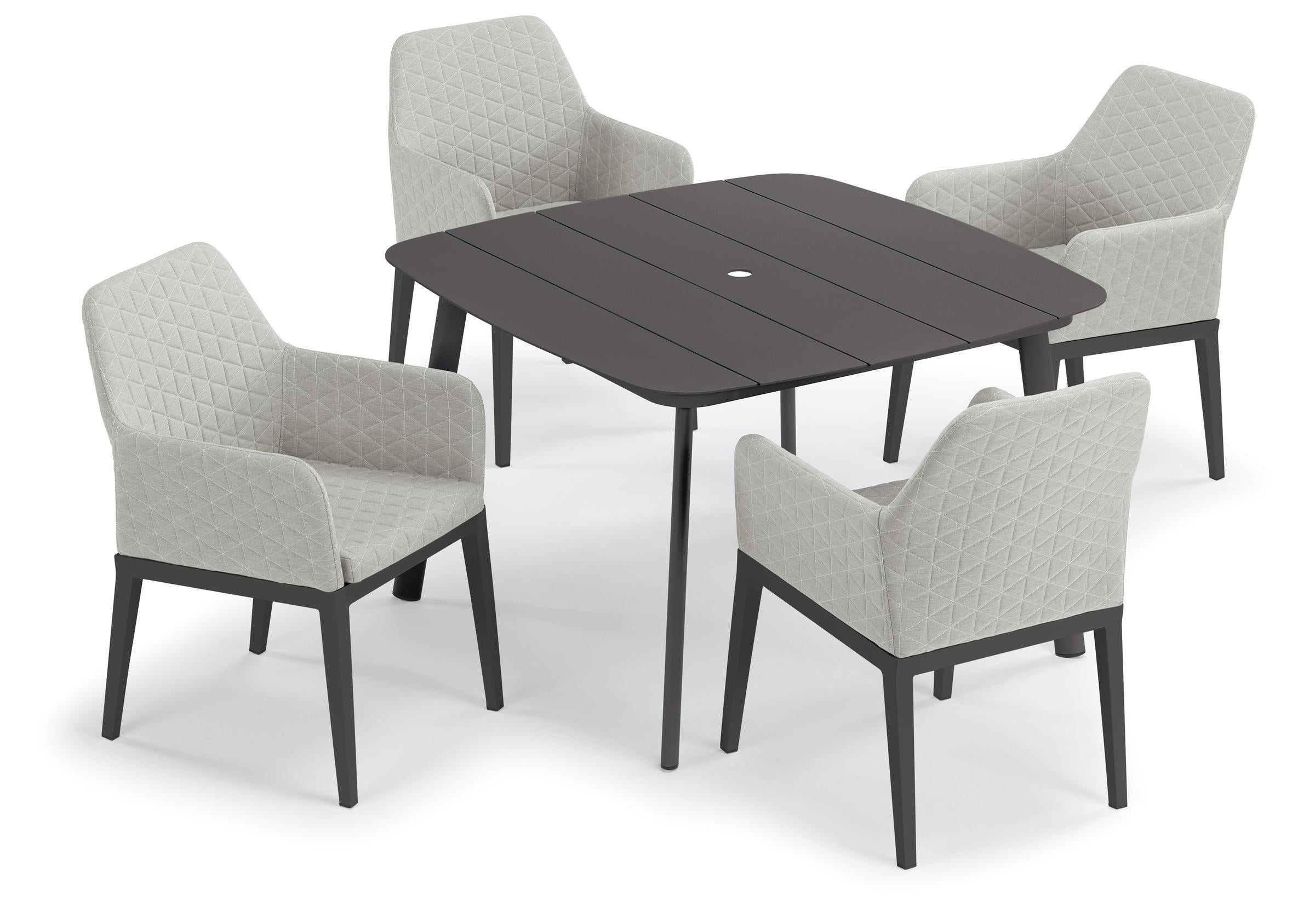 Oland 5-Piece 45" Square Dining Table And Armchairs - Carbon Frame - Canvas Granite Quilted Upholstery & Cushion