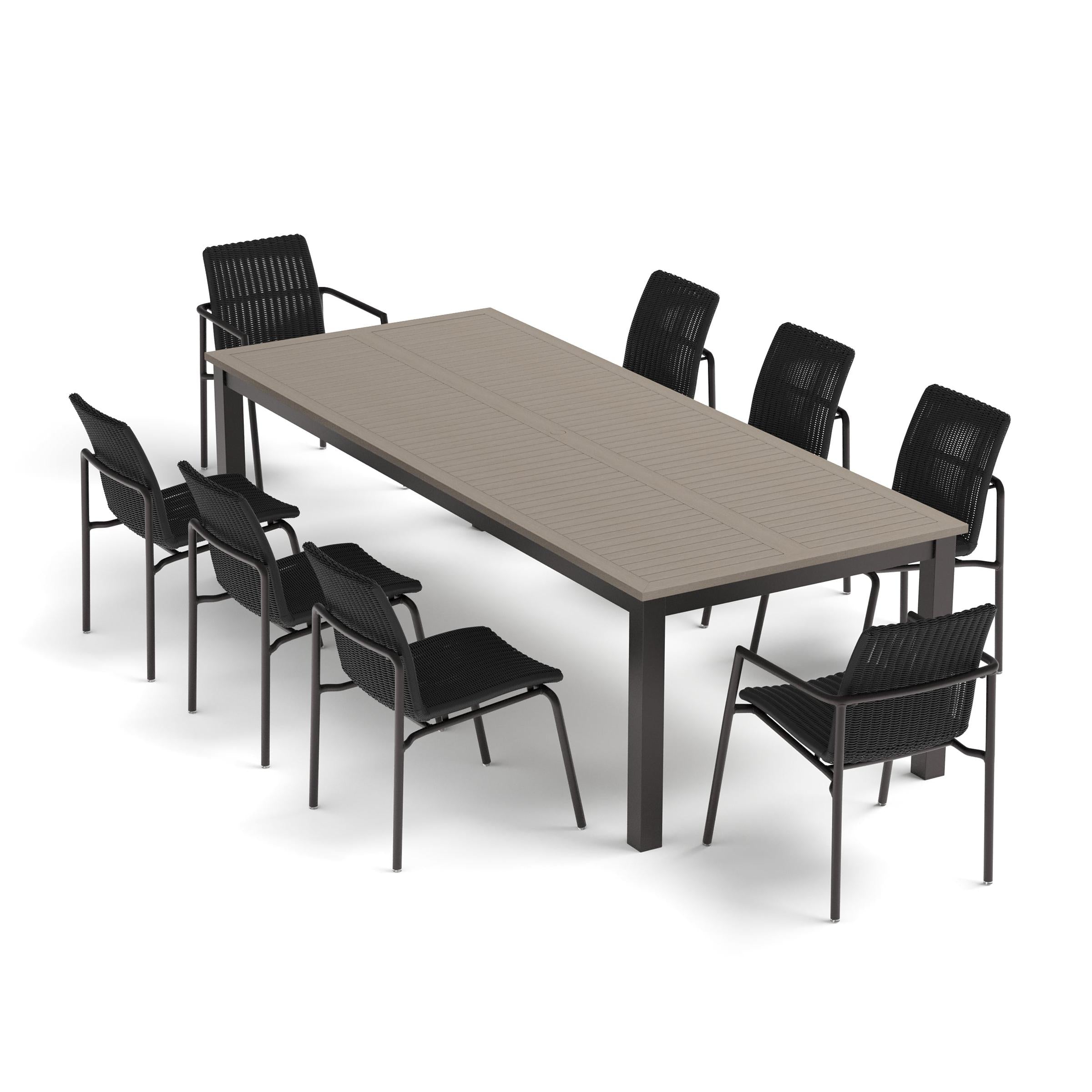 Orso 9-Piece 103" Rectangular Dining Table, Armchairs & Side Chairs Set - Vintage Tekwood Top - Carbon - Shadow Resin Wicker