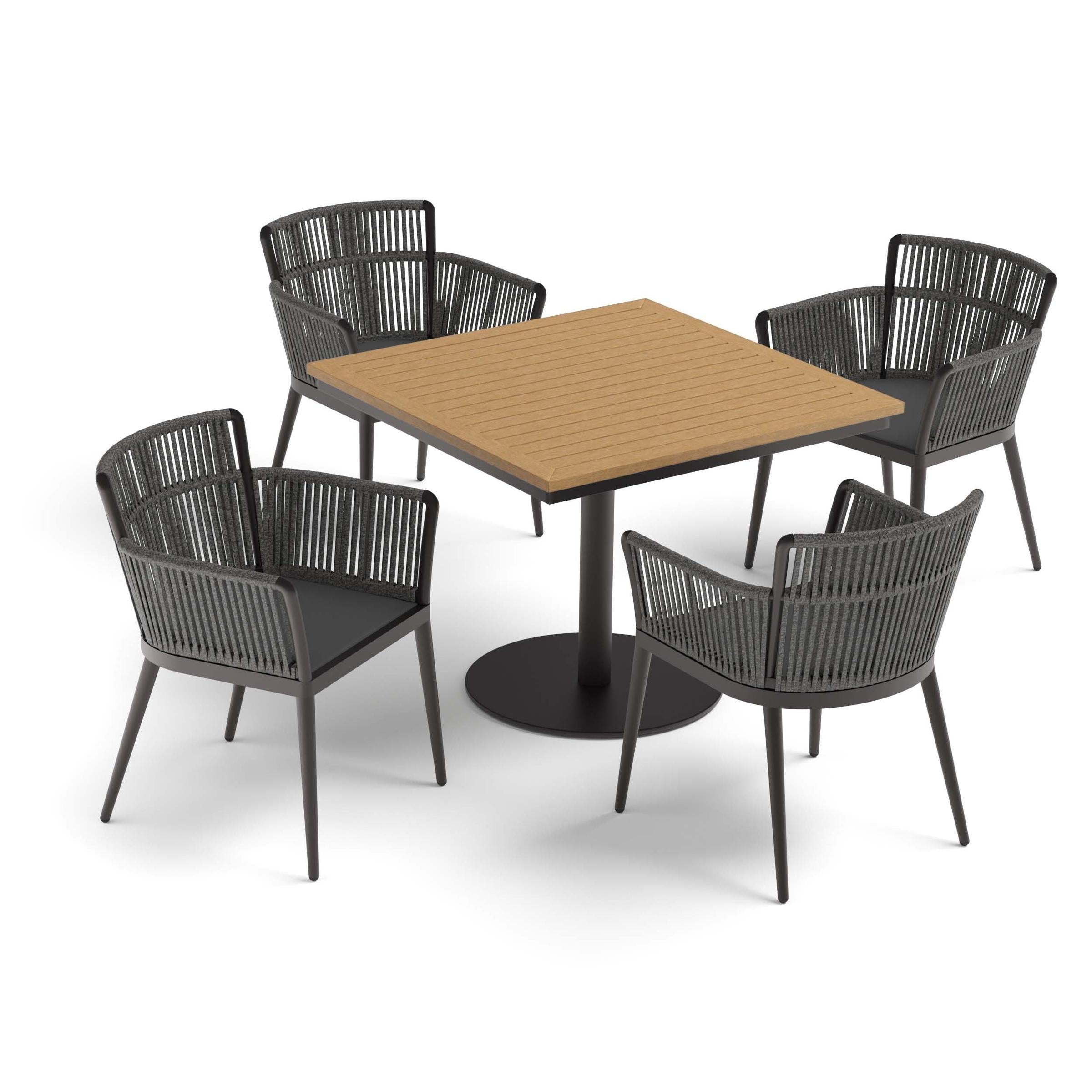 Nette 5-Piece 36" Square Dining Table & Armchairs Set - Natural Tekwood Top - Carbon Ninja Seat - Pewter Strap