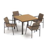 Orso 5-Piece 39" Square Dining Table & Armchairs Set - Natural Tekwood Top - Carbon - Sand Resin Wicker