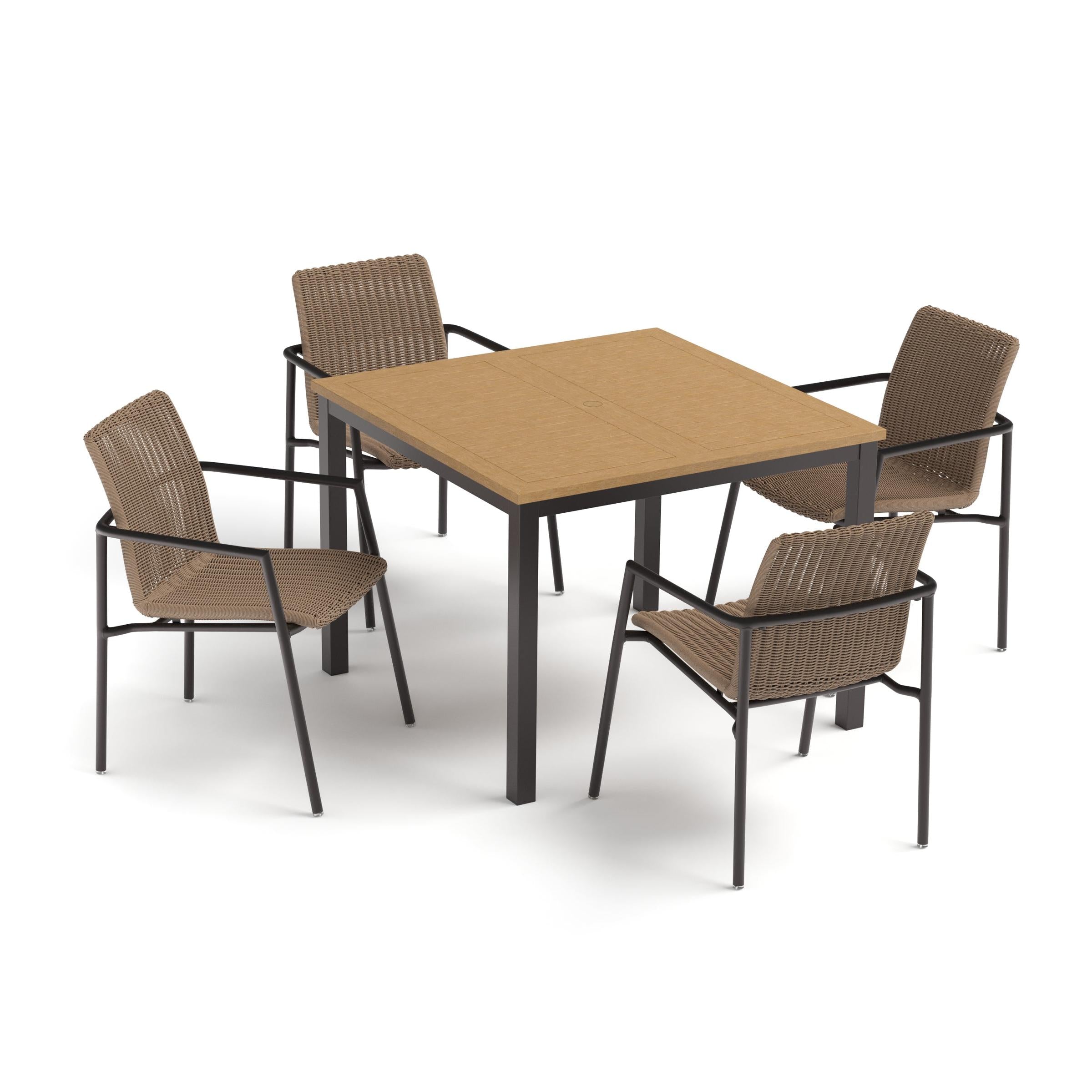 Orso 5-Piece 39" Square Dining Table & Armchairs Set - Natural Tekwood Top - Carbon - Sand Resin Wicker