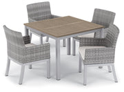 Travira 5-Piece 39" Dining Table & Armchair Set - Powder Coated Aluminum - Tekwood Vintage - Resin Wicker - Eggshell White Cushions