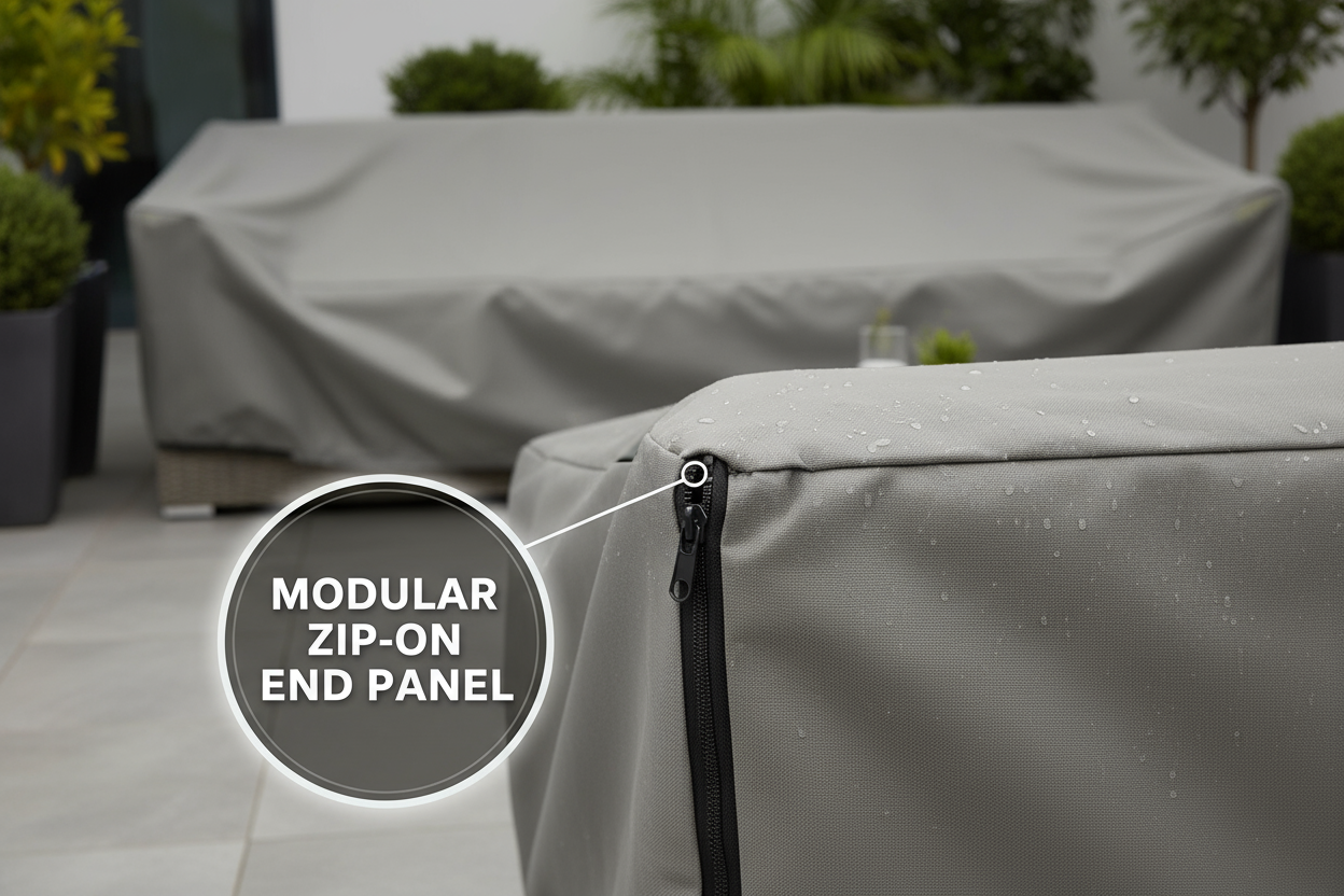 protective furniture cover for section set. Highlight only the endpiece that zips on the end of the sectional