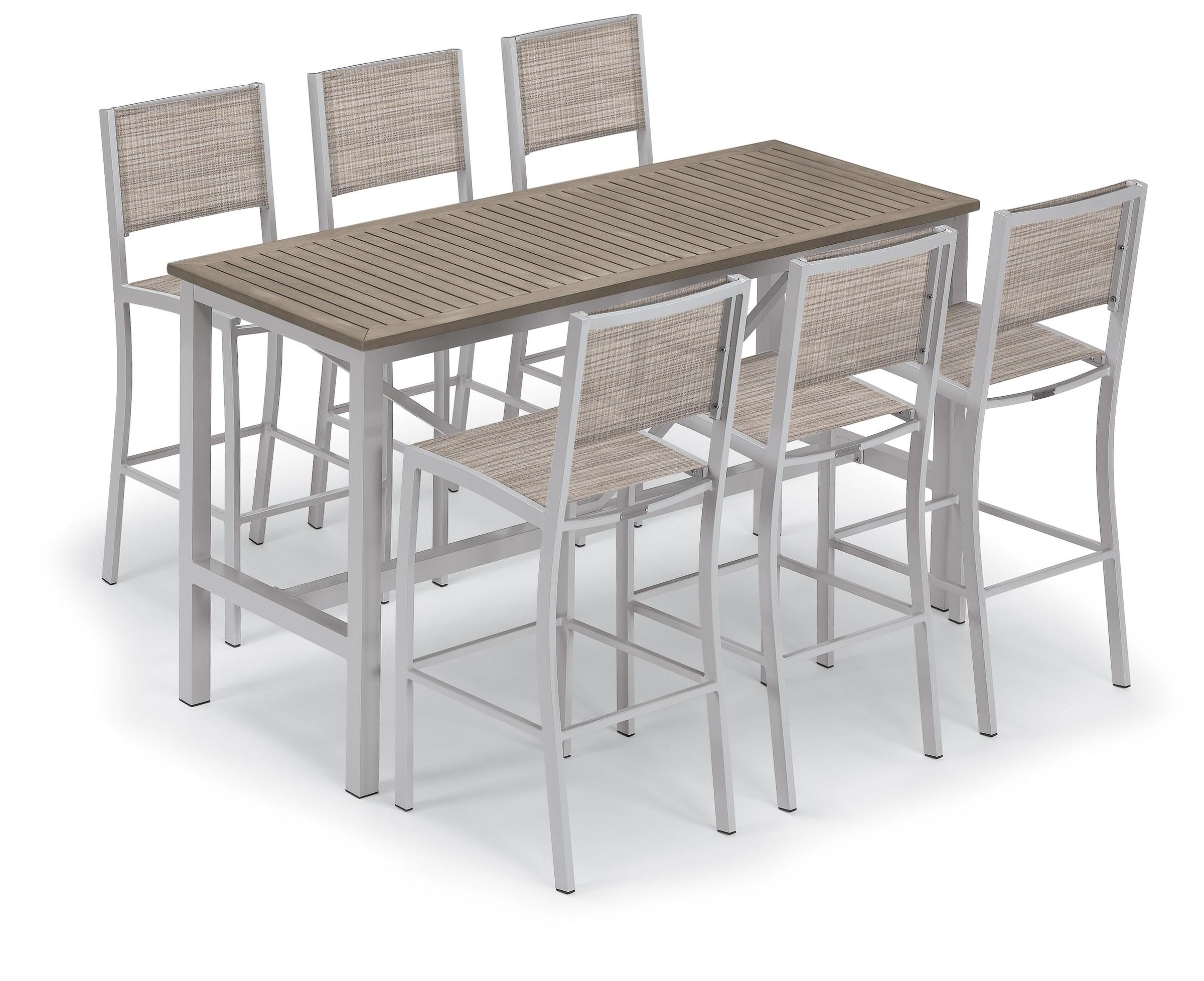 Travira 7-Piece 72"X30" Bar Table And Sling Bar Chair Set - Powder Coated Aluminum Frame - Tekwood Vintage -Bellows Sling