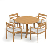 Lido 5-Piece 48" Round Dining Table & Armchairs Set - Teak - Bliss Linen Cushions