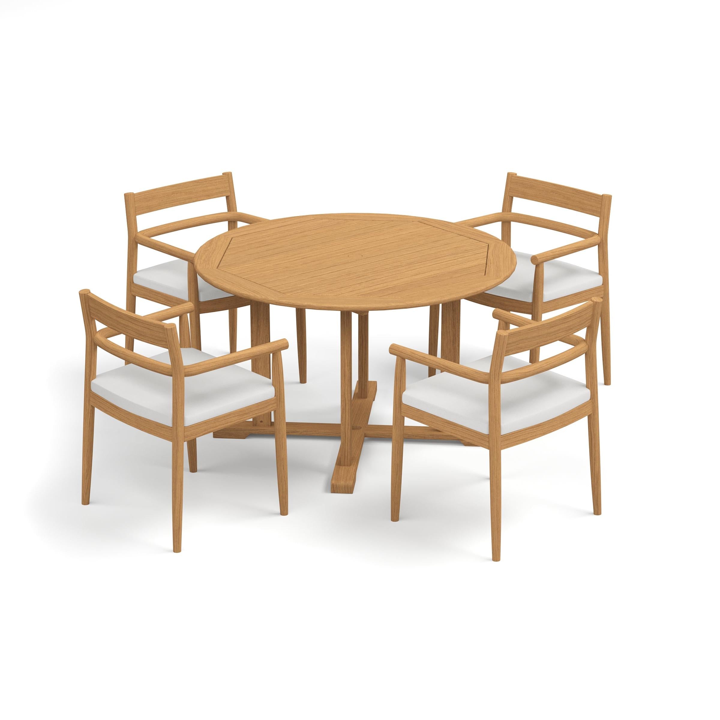 Lido 5-Piece 48" Round Dining Table & Armchairs Set - Teak - Bliss Linen Cushions