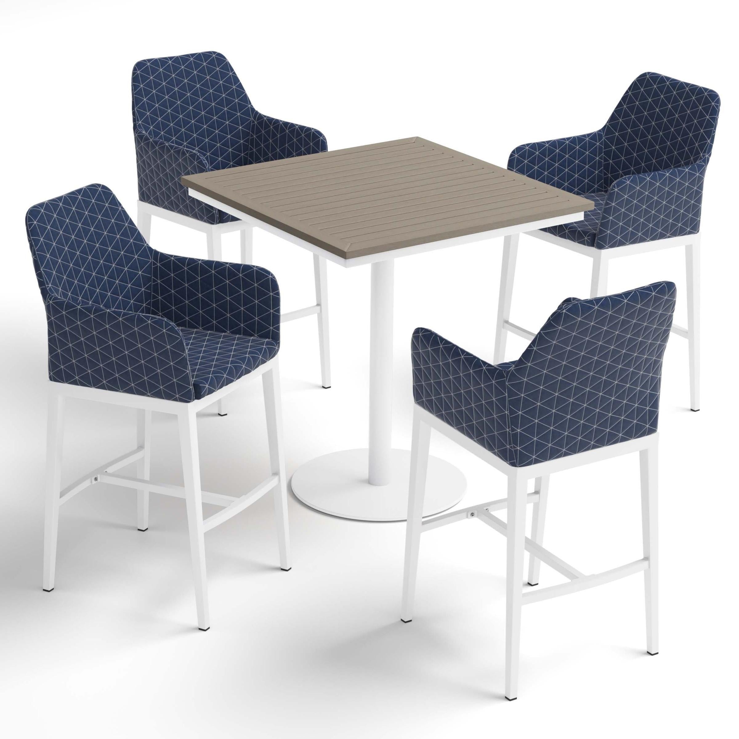 Oland 5-Piece 36" Square Bar Table & Bar Chairs Set - Vintage Tekwood Top - Chalk - Spectrum Indigo Quilted Upholstery & Cushion