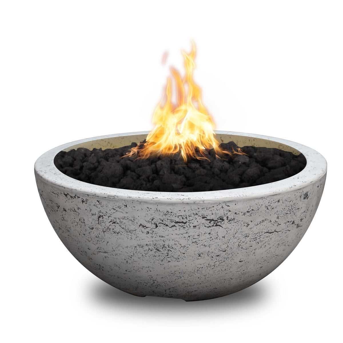 The Outdoor Plus Luna GFRC fire bowl in Rustic White