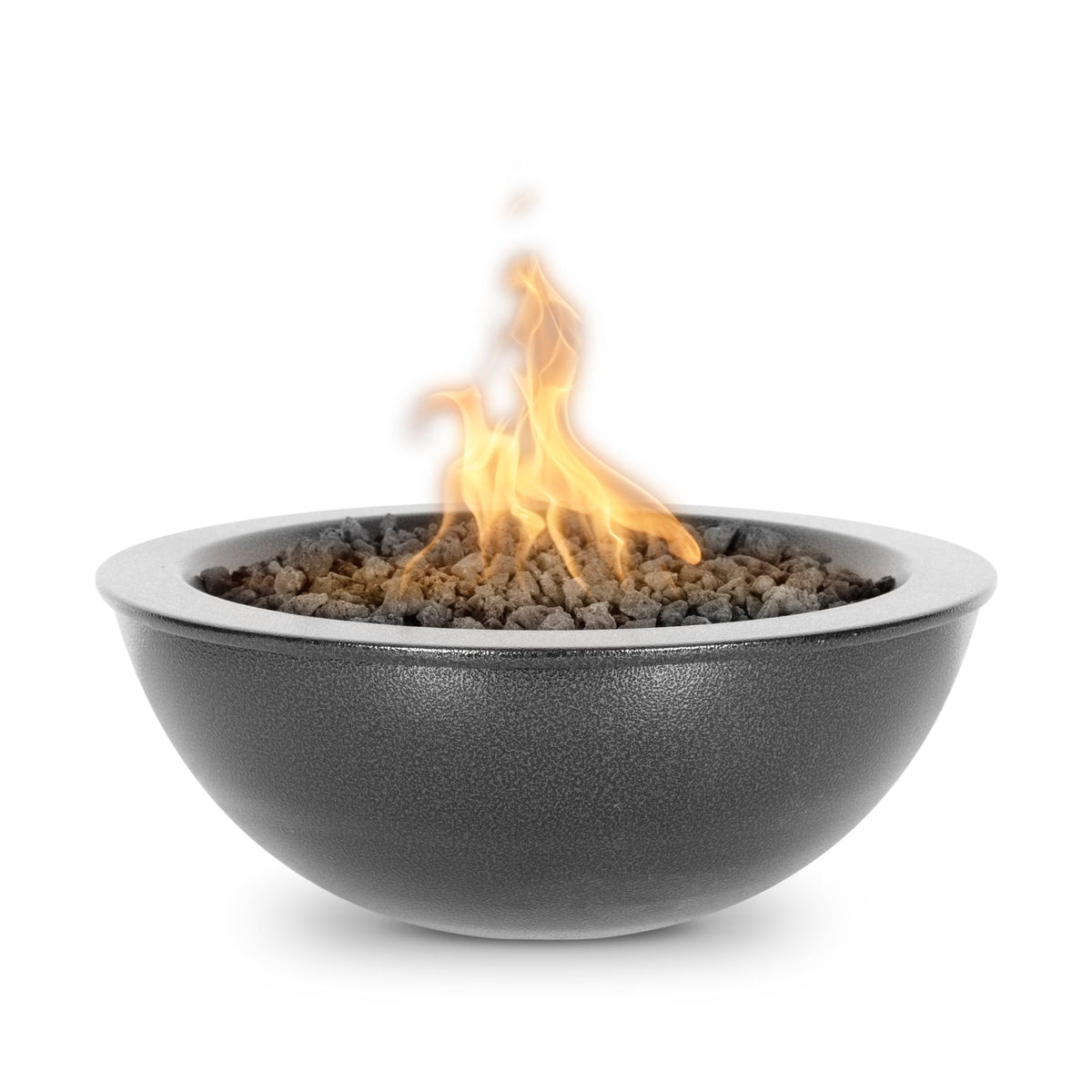 The Outdoor Plus Sedona powder coated metal fire bowl in Silver Vein