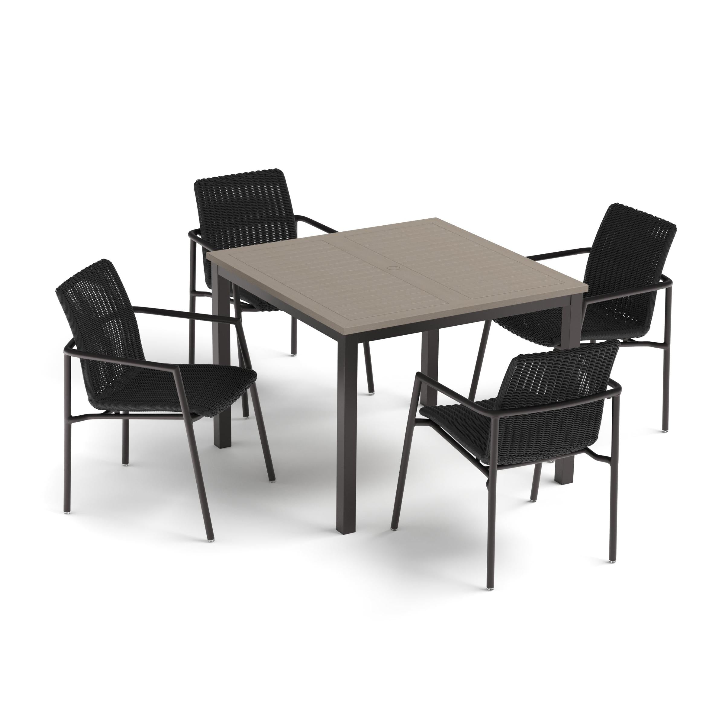 Orso 5-Piece 39" Square Dining Table & Armchairs Set - Vintage Tekwood Top - Carbon - Shadow Resin Wicker