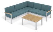 Travira 4-Piece Loveseat & Coffee Table Tekwood Chat Set - Ice Blue Cushion - Natural Tekwood