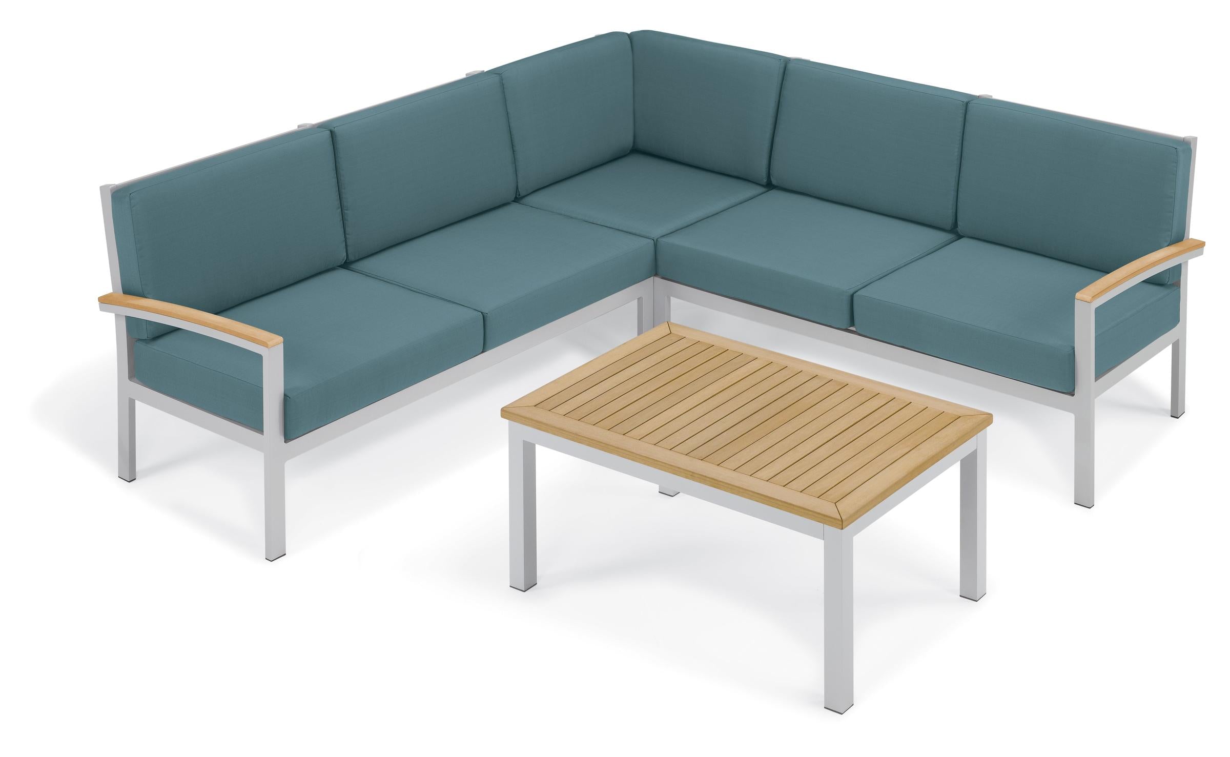 Travira 4-Piece Loveseat & Coffee Table Tekwood Chat Set - Ice Blue Cushion - Natural Tekwood