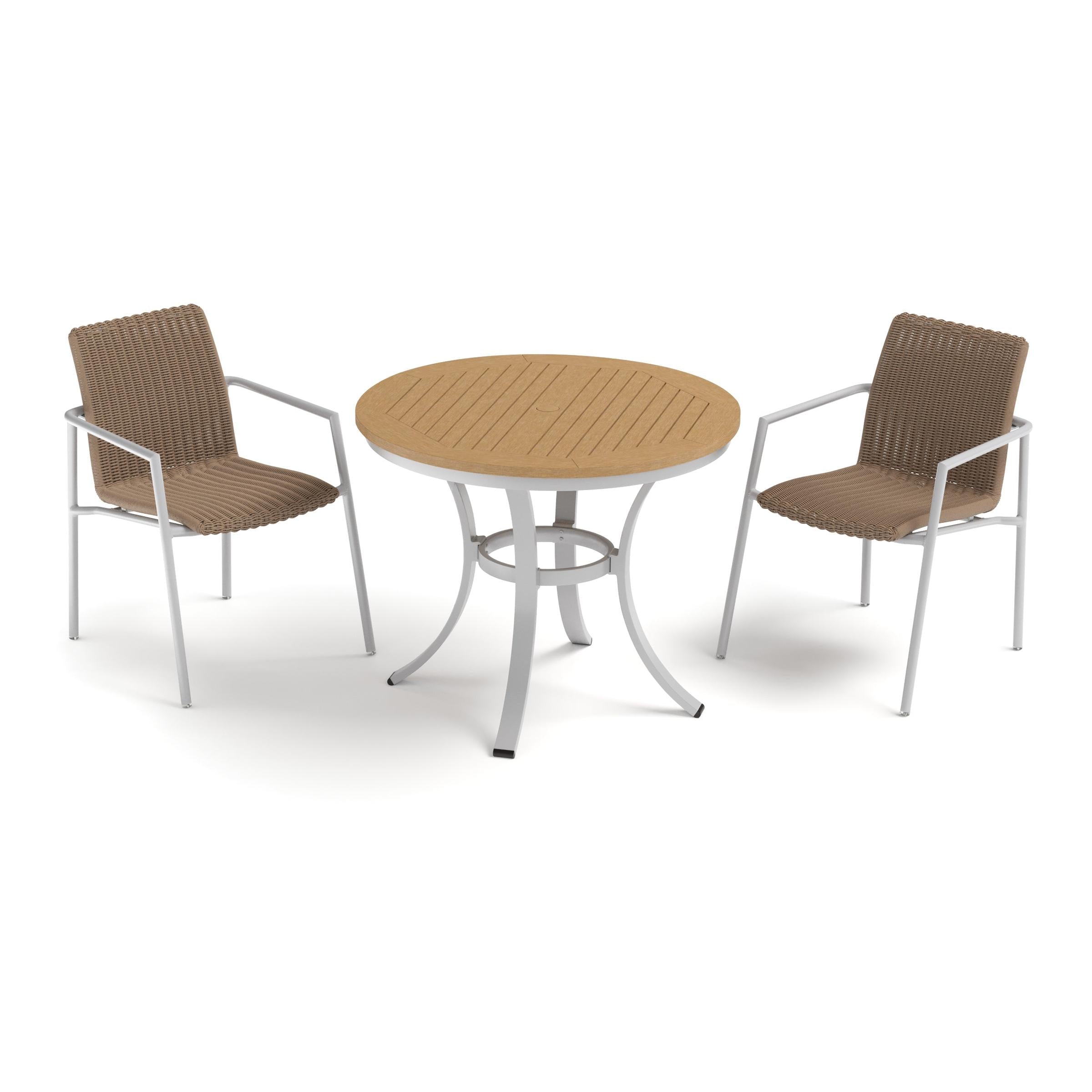 Orso 3-Piece 36" Cafe Bistro Table & Armchairs Set - Flint - Natural Tekwood Top - Sand Resin Wicker