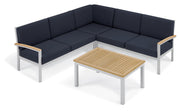 Travira 4-Piece Loveseat & Coffee Table Tekwood Chat Set - Midnight Blue Cushion - Natural Tekwood