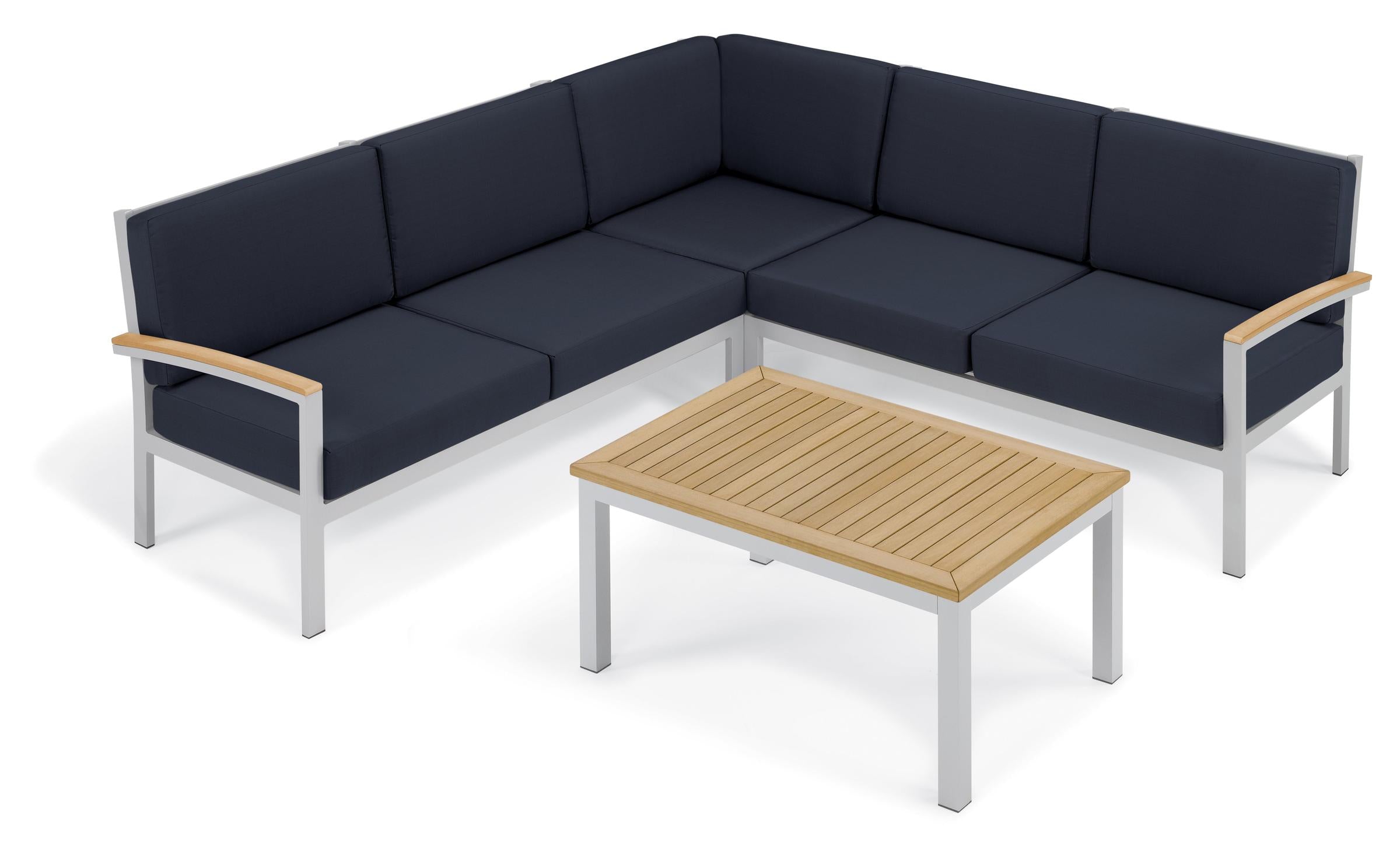 Travira 4-Piece Loveseat & Coffee Table Tekwood Chat Set - Midnight Blue Cushion - Natural Tekwood