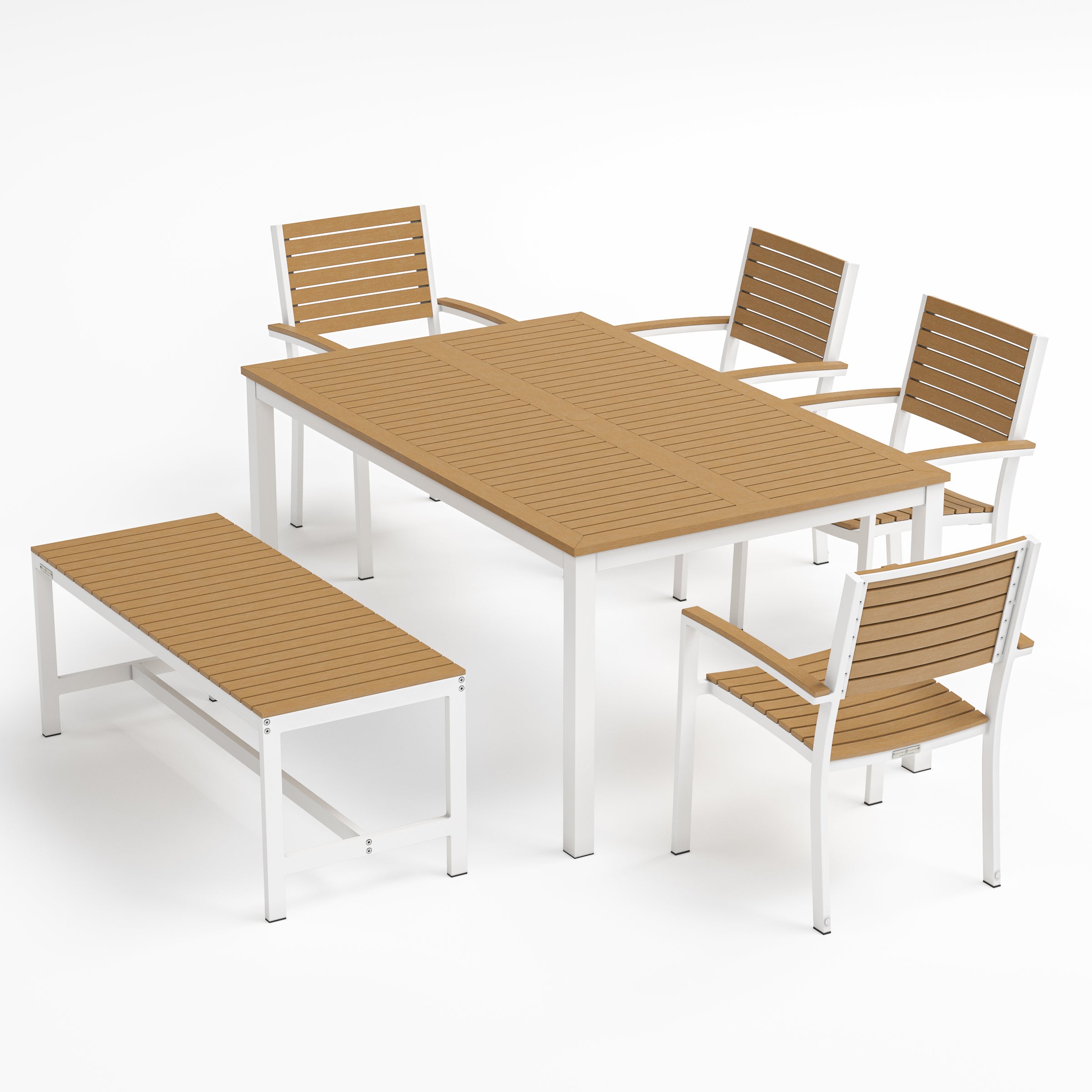 Travira 6-Piece 63"X40" Rectangular Dining Table, Slat Chairs, And Bench Set - Chalk Frame - Natural Tekwood