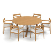 Lido 7-Piece 67" Round Dining Table & Armchairs Set - Teak -  Bliss Linen Cushions