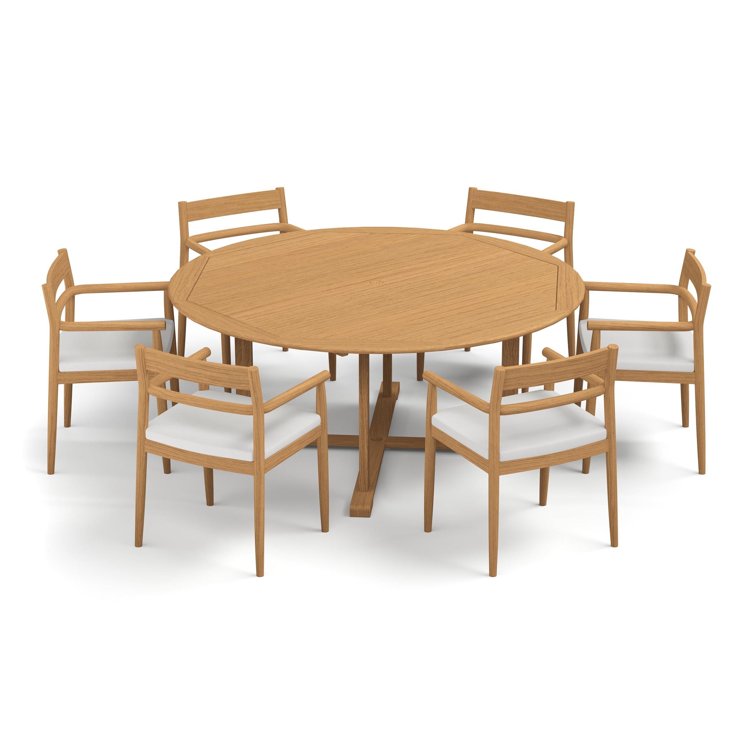 Lido 7-Piece 67" Round Dining Table & Armchairs Set - Teak -  Bliss Linen Cushions